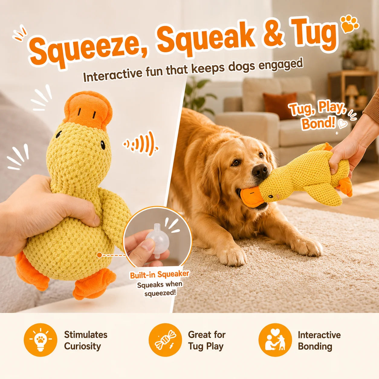 Squeaky duck plush dog toy with sound