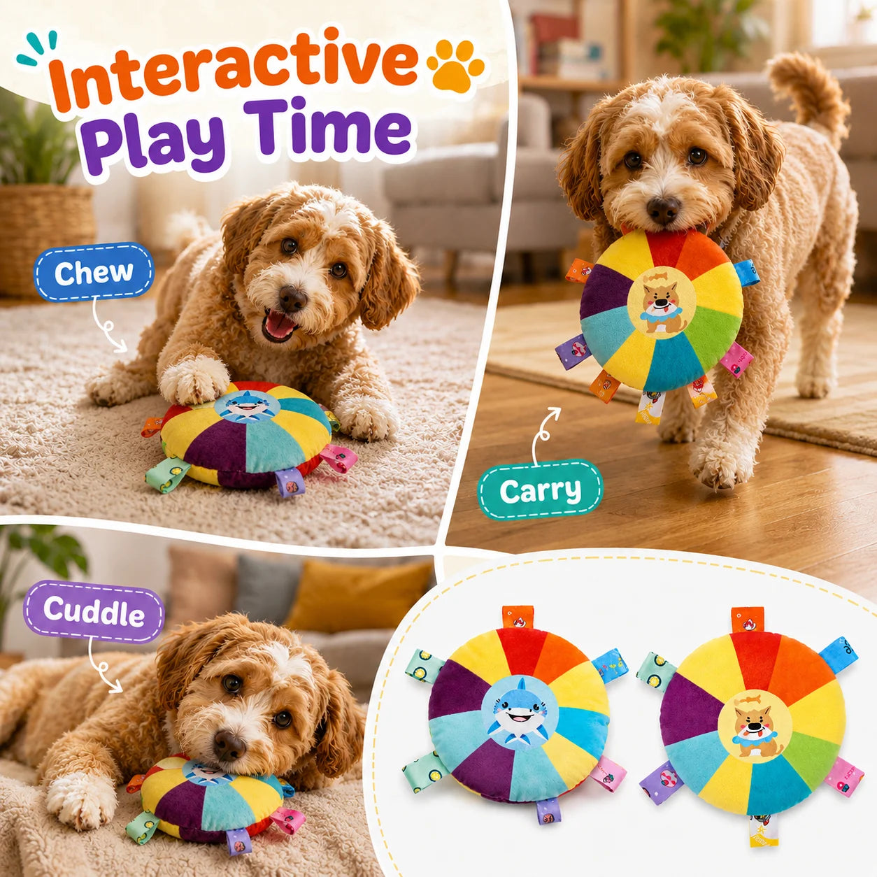 Squeaky plush flying disc dog toy for small dogs