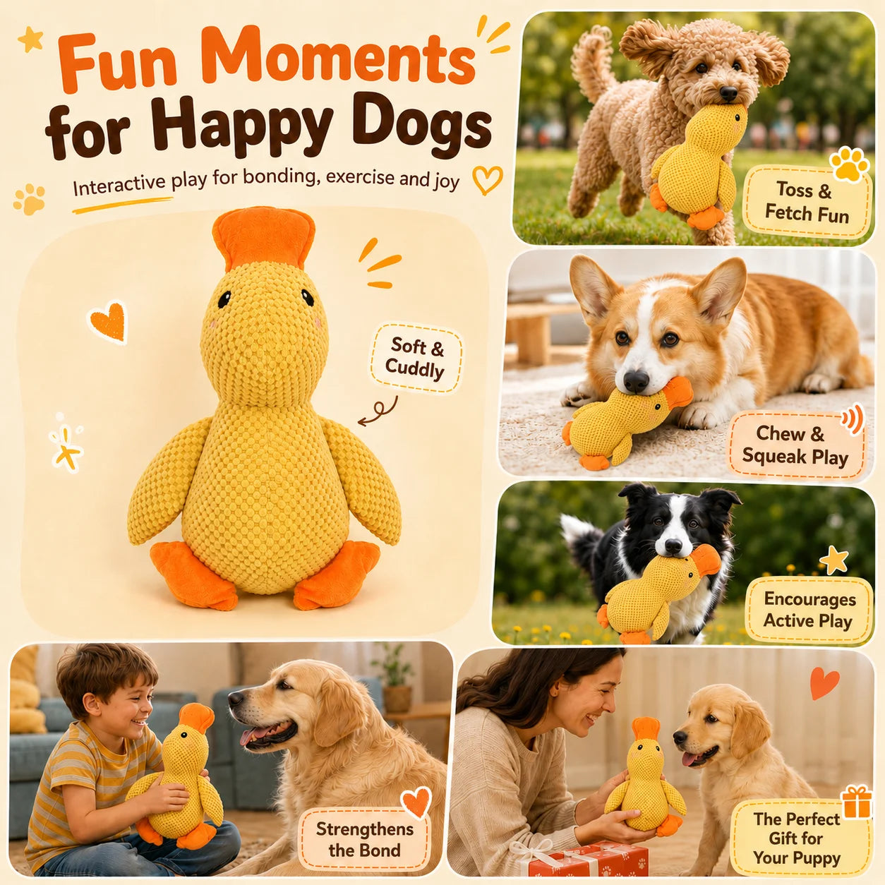 Squeaky duck plush dog toy with sound