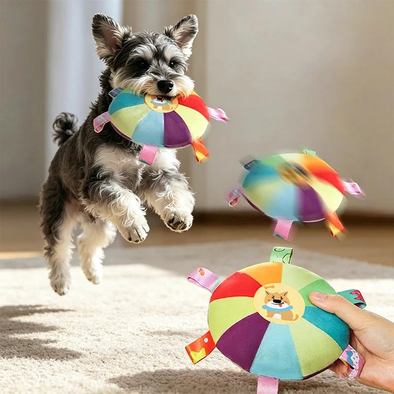 Squeaky plush flying disc dog toy for small dogs